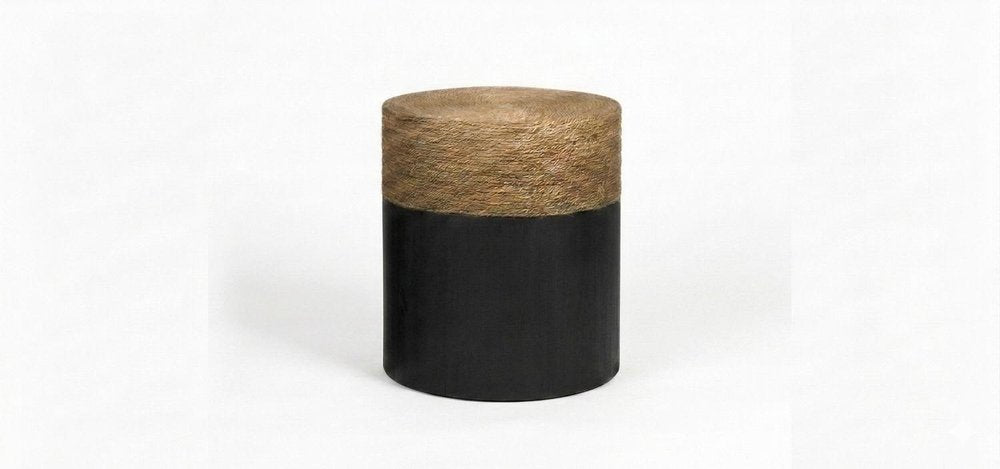 Set of Two Beige and Black Rattan and Solid Wood Round Drum Nested Tables on a white background