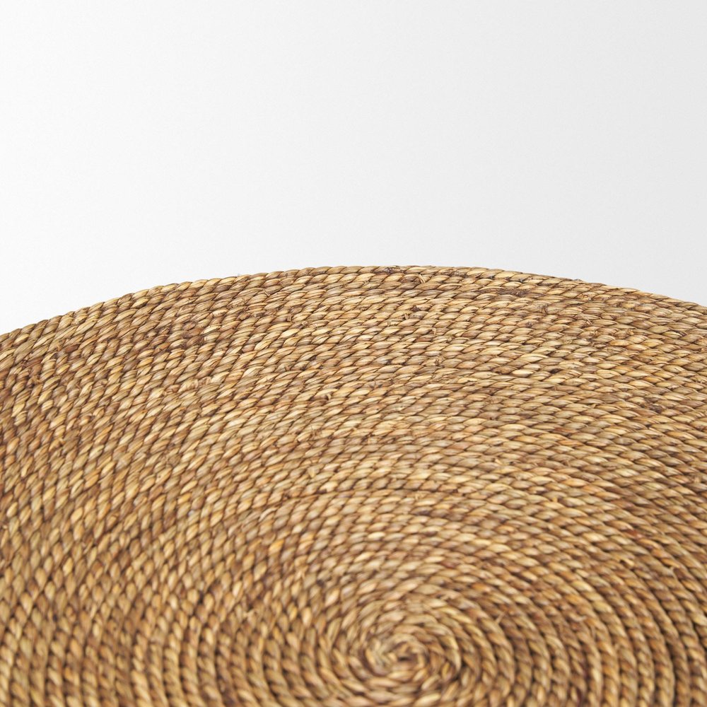 Set of Two Beige and Black Rattan and Solid Wood Round Drum Nested Tables