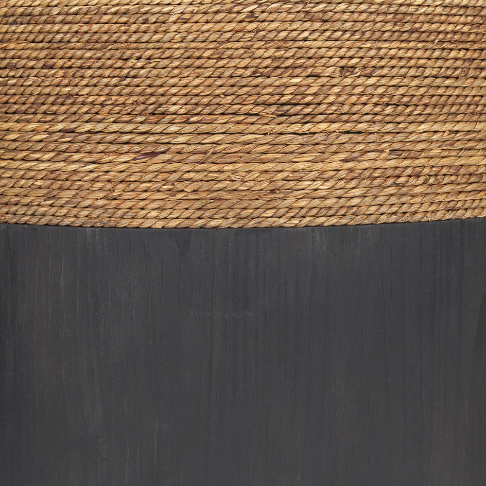 Set of Two Beige and Black Rattan and Solid Wood Round Drum Nested Tables
