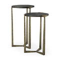 Set of Two Black and Antiqued Gold Distressed Solid Wood and Iron Round Cross Legs Nested Tables on a white background