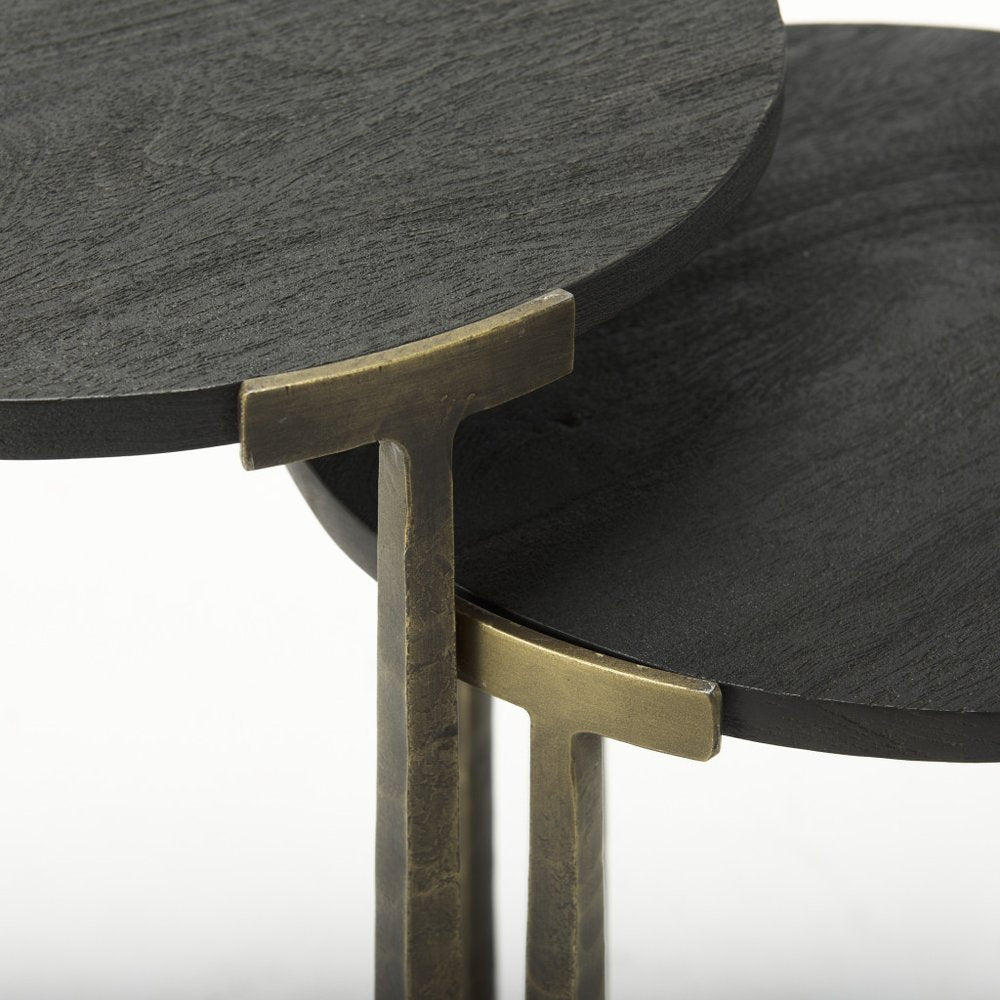 Set of Two Black and Antiqued Gold Distressed Solid Wood and Iron Round Cross Legs Nested Tables
