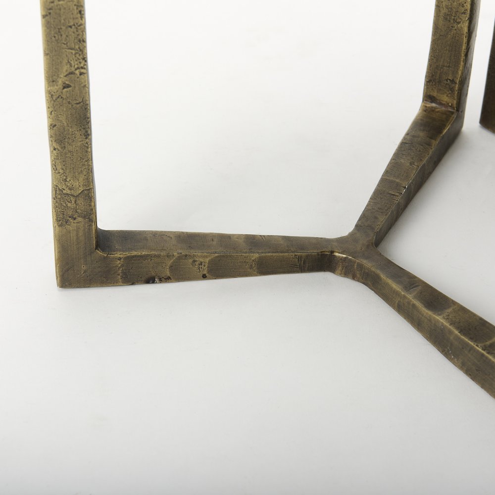 Set of Two Black and Antiqued Gold Distressed Solid Wood and Iron Round Cross Legs Nested Tables