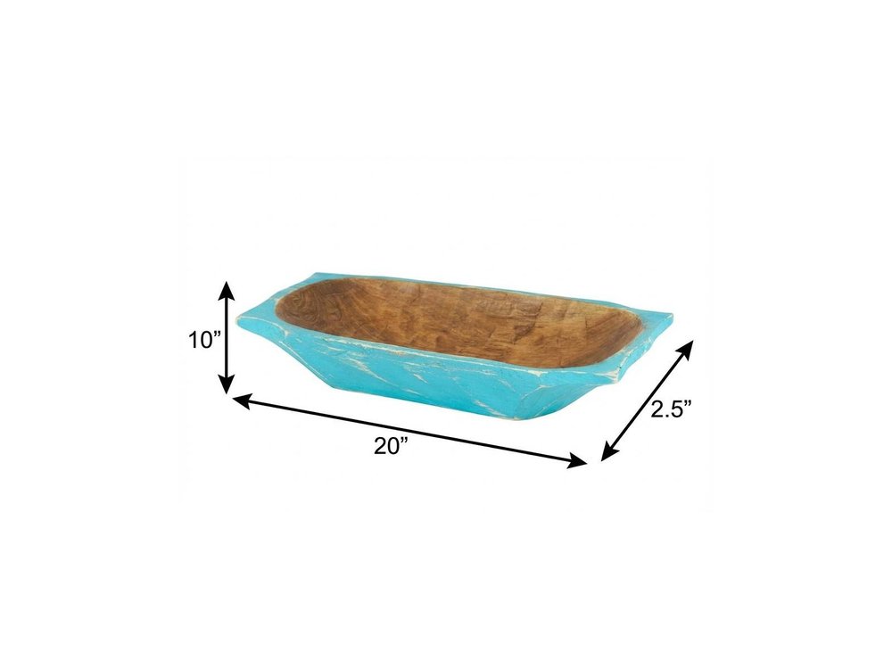 20" Black Solid Wood Dough Bowl With Handles. Serving bowl isolated on a plain white background, showing a wood surface.