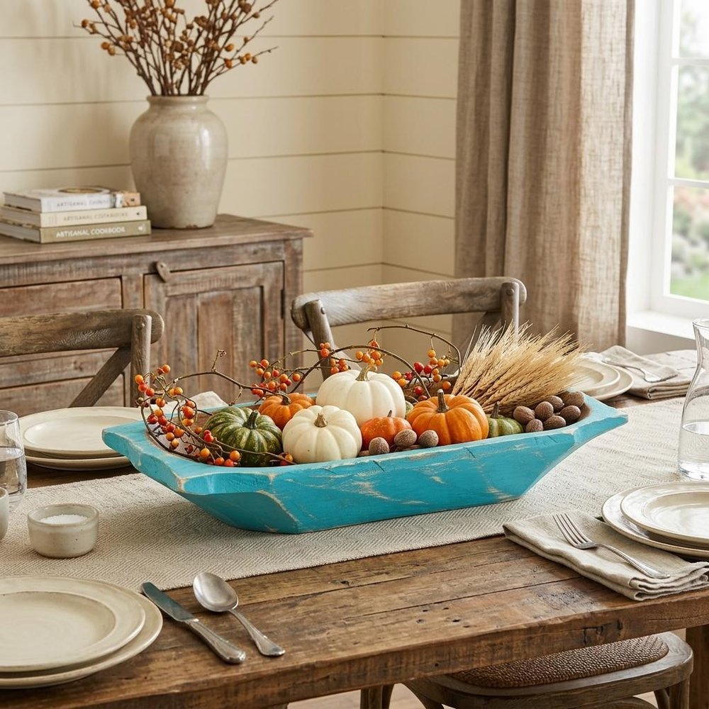 20" Black Solid Wood Dough Bowl With Handles styled in a furnished interior with a tan wall on a dark wood floor.