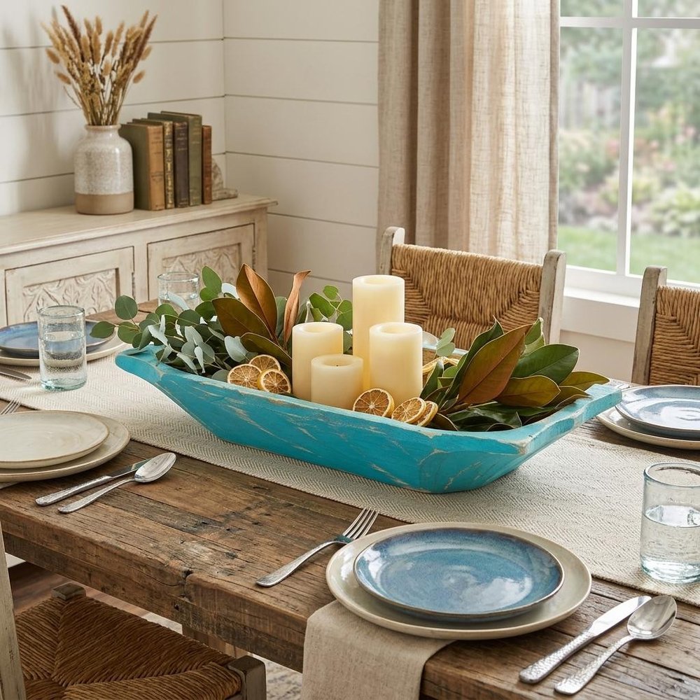 20" Black Solid Wood Dough Bowl With Handles styled in a furnished interior with a tan wall on a dark wood floor.