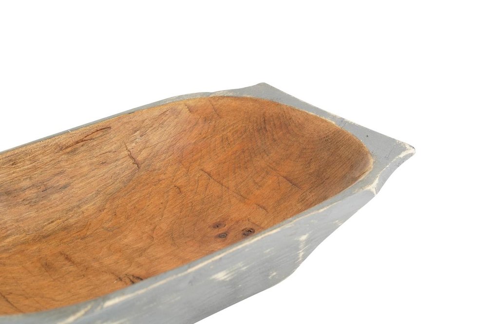 20" Black Solid Wood Dough Bowl With Handles. Serving bowl isolated on a plain white background, showing a wood surface.