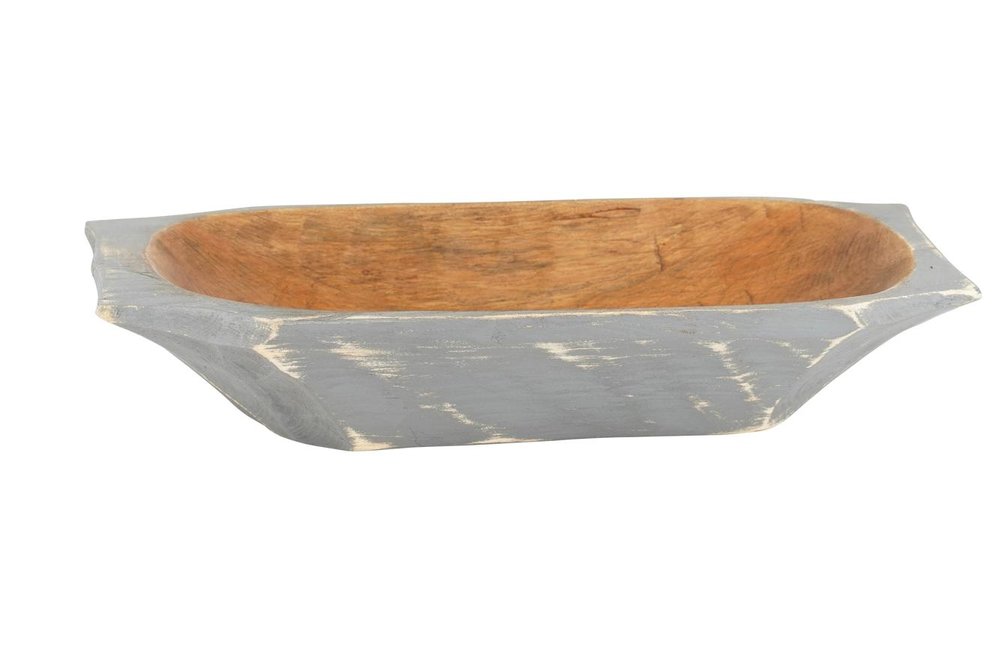 20" Black Solid Wood Dough Bowl With Handles. Serving bowl isolated on a plain white background, showing a wood surface.