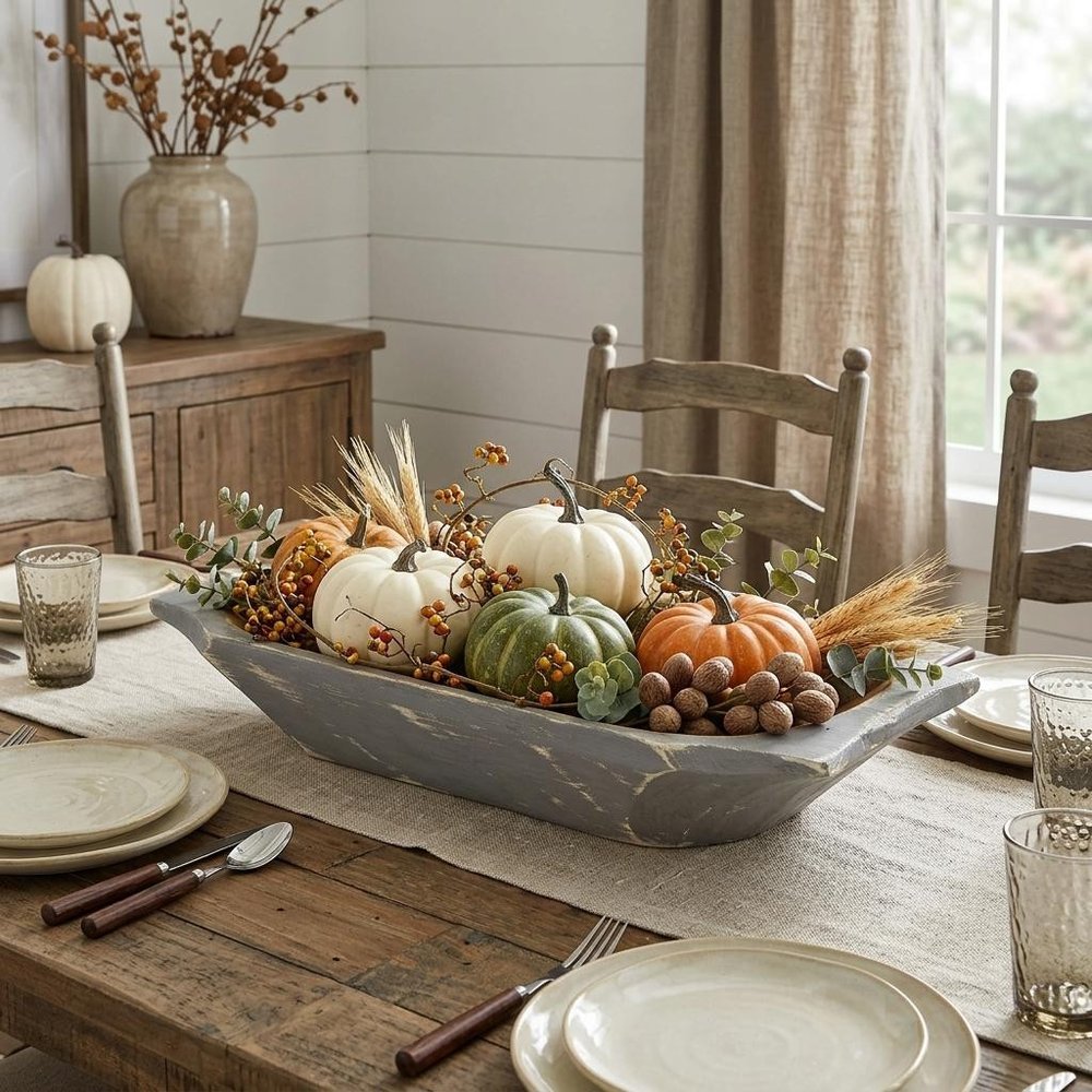 20" Black Solid Wood Dough Bowl With Handles styled in a furnished interior with a light gray wall on a dark wood floor.