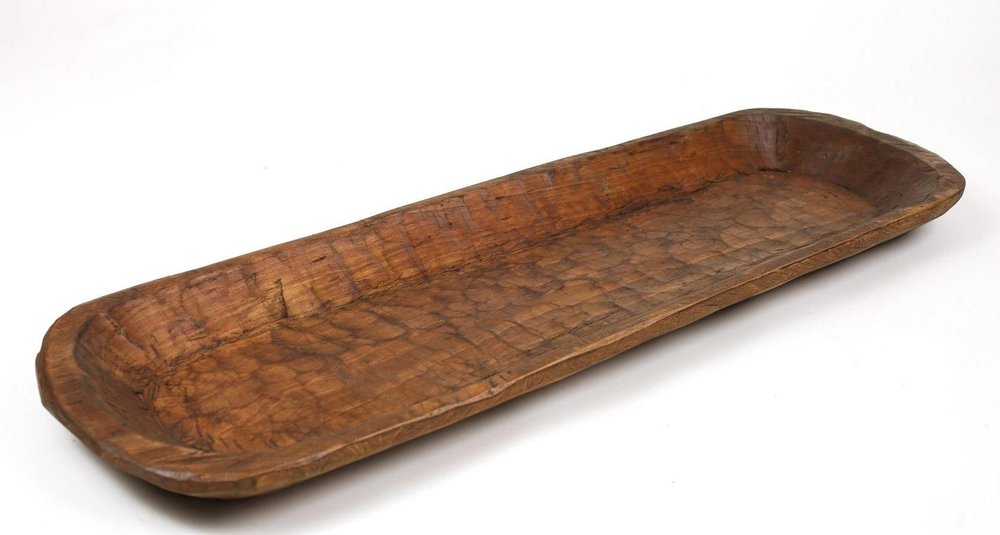 40" Natural Solid Wood Oval Dough Bowl. Serving bowl isolated on a plain white background, showing a wood surface.