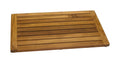 Rectangular natural teak bath mat with horizontal slats and a non-slip surface on a white background.