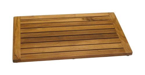 Rectangular natural teak bath mat with horizontal slats and a non-slip surface on a white background.