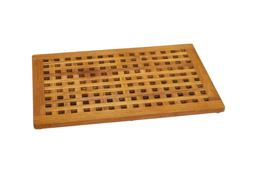 Natural teak checkered non-slip bath mat on a white background.