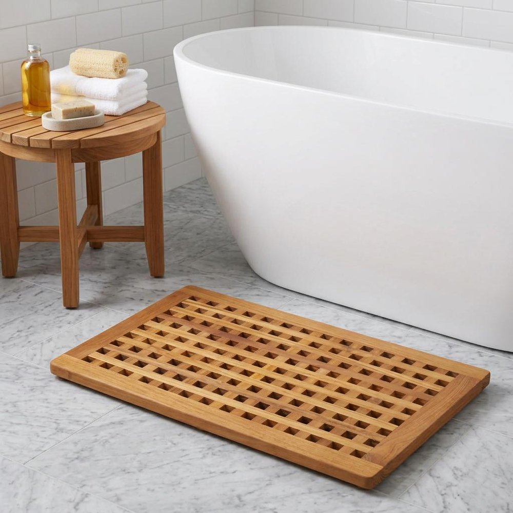 16" Natural Teak Checkered Non Slip Bath Mat