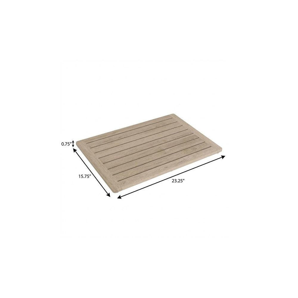 16" Beige Gray Teak Non Slip Bath Mat. Bath rug isolated on a plain white background, finished in beige teak.