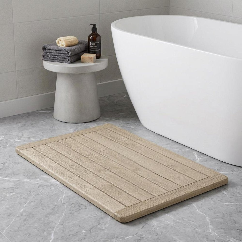 16" Beige Gray Teak Non Slip Bath Mat