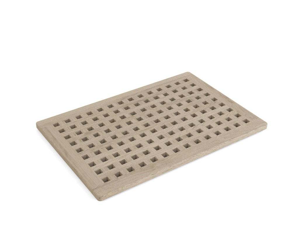 Beige gray teak checkered non-slip bath mat on a white background.
