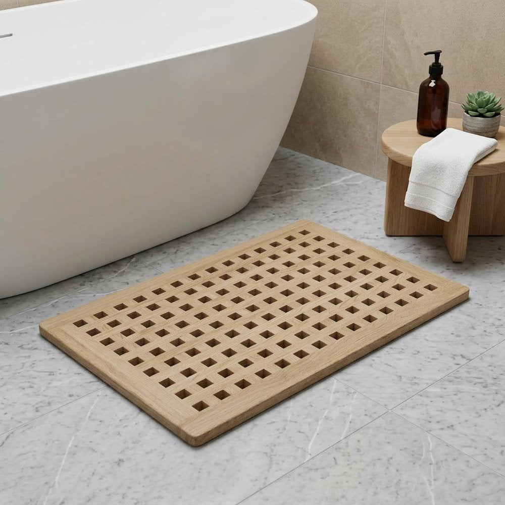 16" Beige Gray Teak Checkered Non Slip Bath Mat