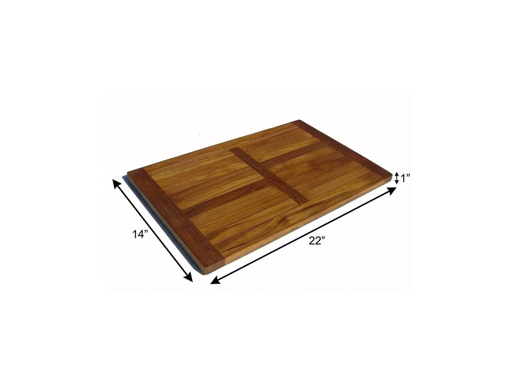 22" Natural Teak Non Slip Bath Mat. Bath rug isolated on a plain white background, showing a tan teak surface.