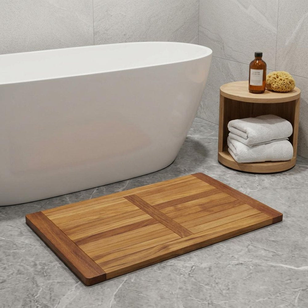 22" Natural Teak Non Slip Bath Mat. Bath rug isolated on a plain white background, finished in tan teak.