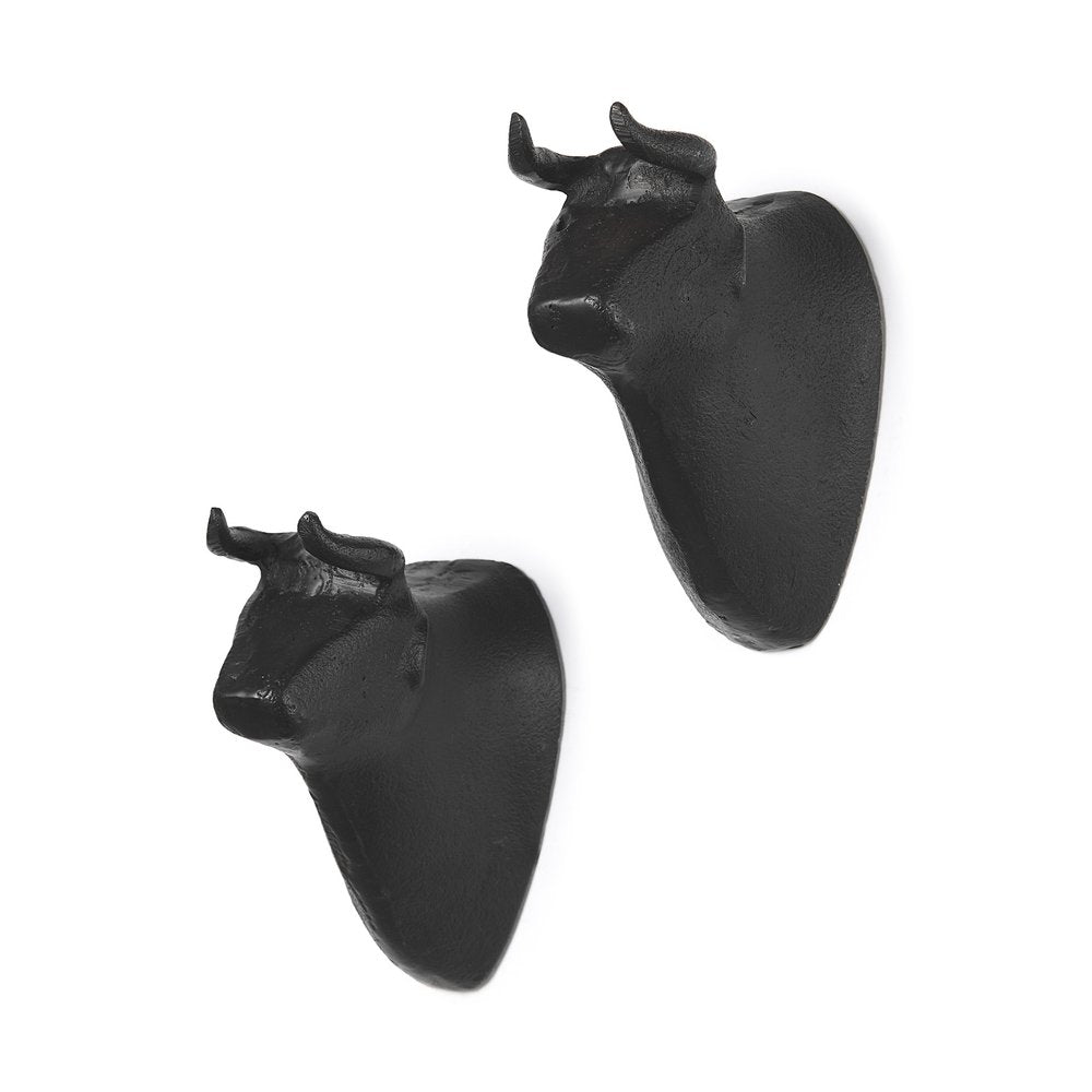 Set of Two Black Metal Bull Decorative Wall Sculpture