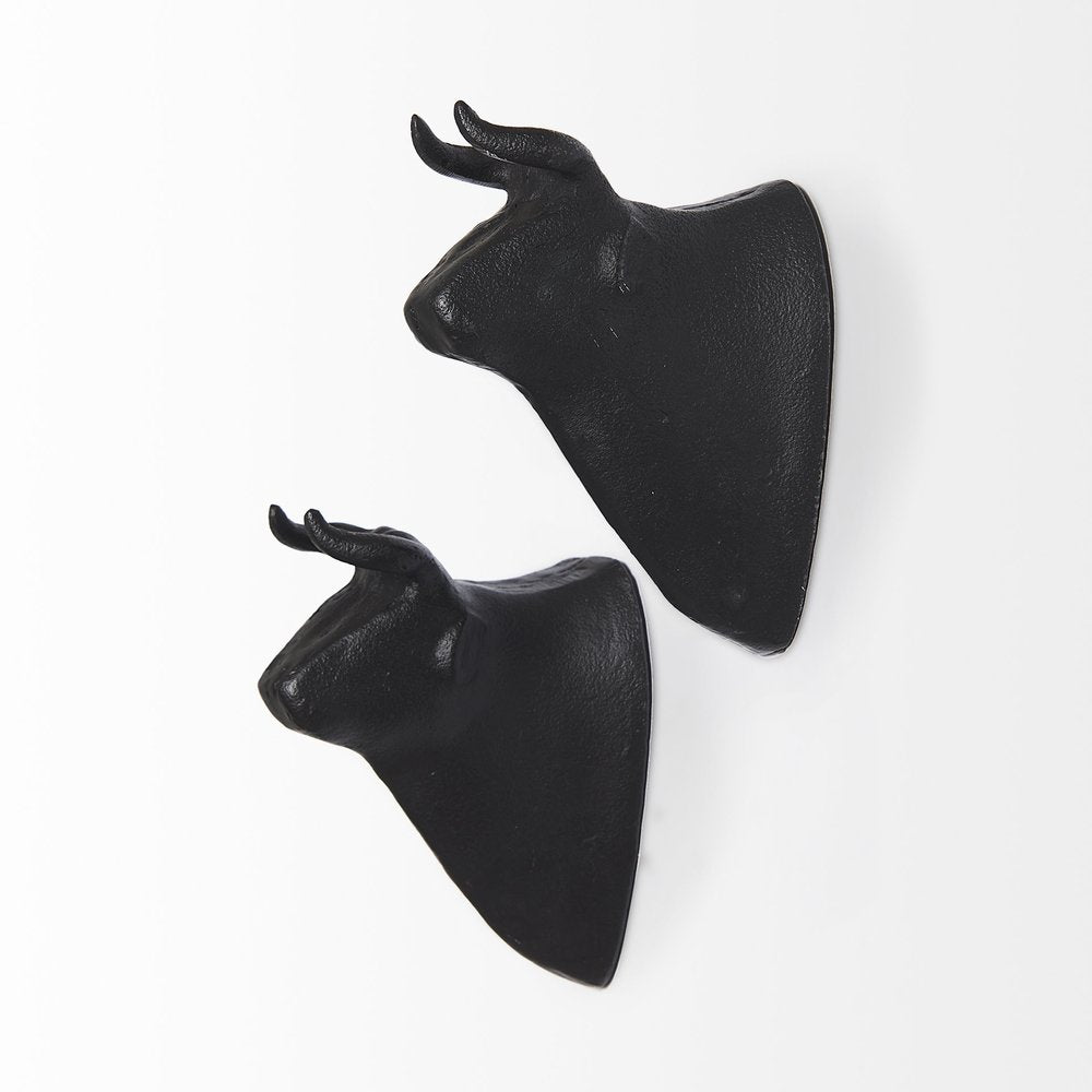 Set of Two Black Metal Bull Decorative Wall Sculpture