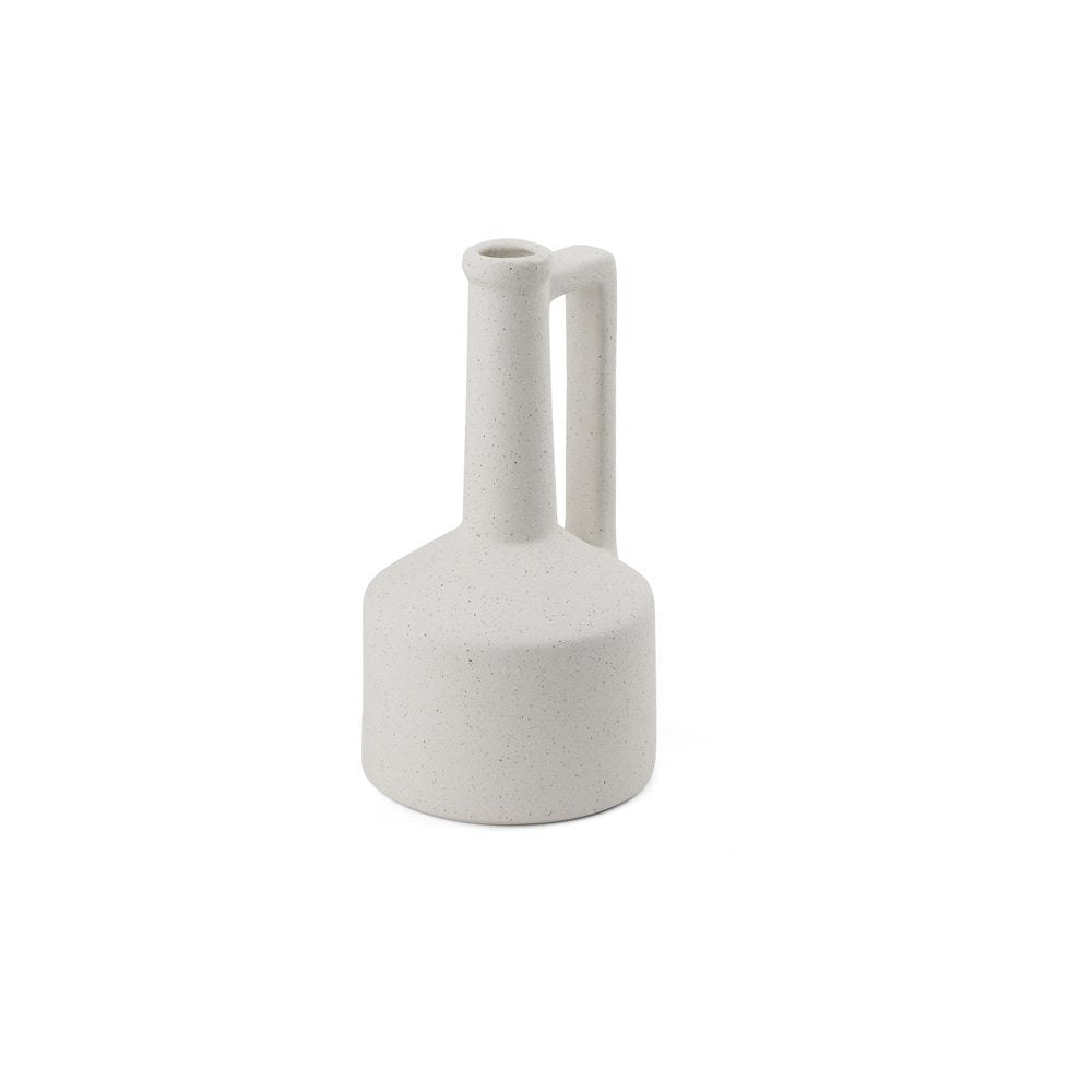 White speckled ceramic vase with a handle on a white background.