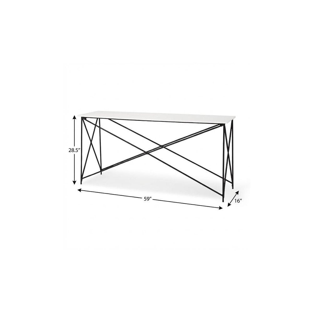 59" White and Black Genuine Marble and Metal Console Table. Console table isolated on a plain white background, showing a white marble surface.