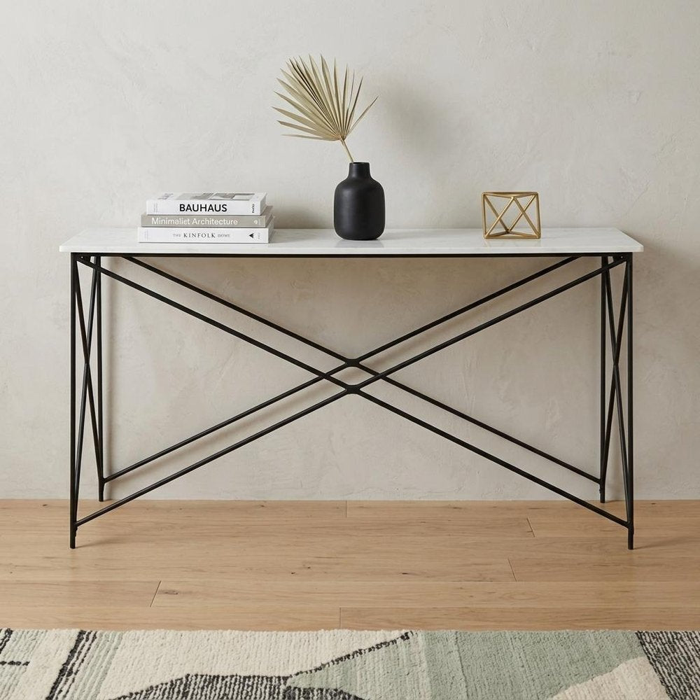 59" White and Black Genuine Marble and Metal Console Table. Console table in white marble.