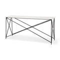 59" White and Black Genuine Marble and Metal Console Table. Console table isolated on a plain white background, finished in white marble.
