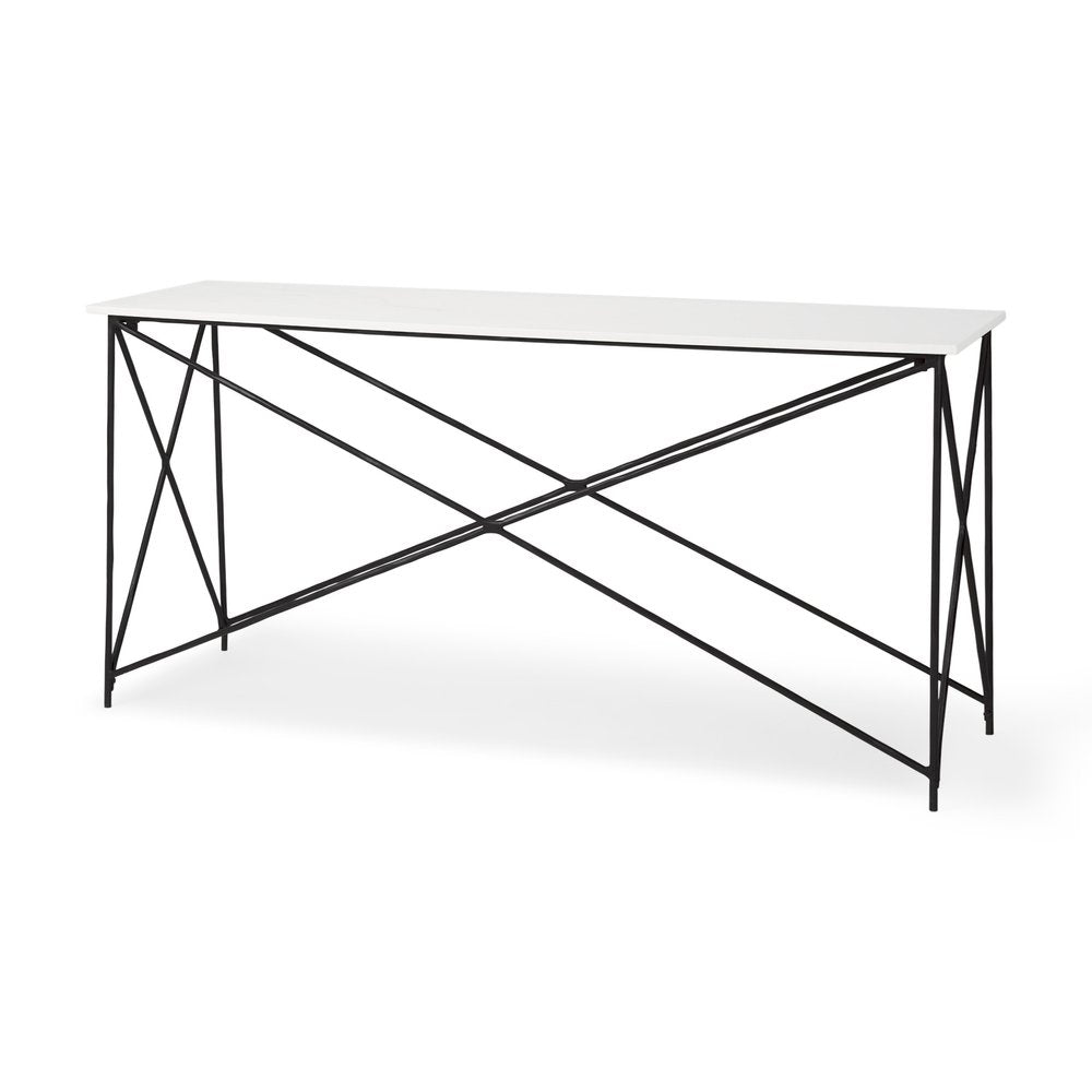 59" White and Black Genuine Marble and Metal Console Table. Console table isolated on a plain white background, finished in white marble.