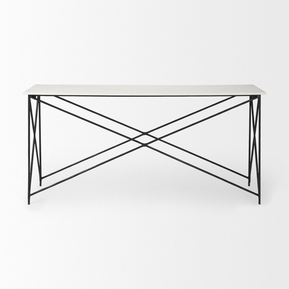 59" White and Black Genuine Marble and Metal Console Table. Console table isolated on a plain white background, showing a white marble surface.