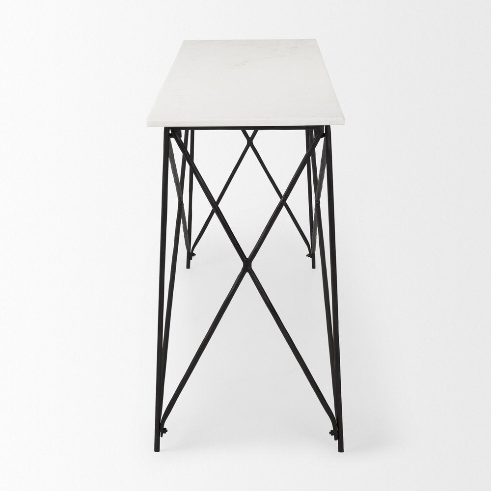 59" White and Black Genuine Marble and Metal Console Table. Console table isolated on a plain white background, finished in black marble.