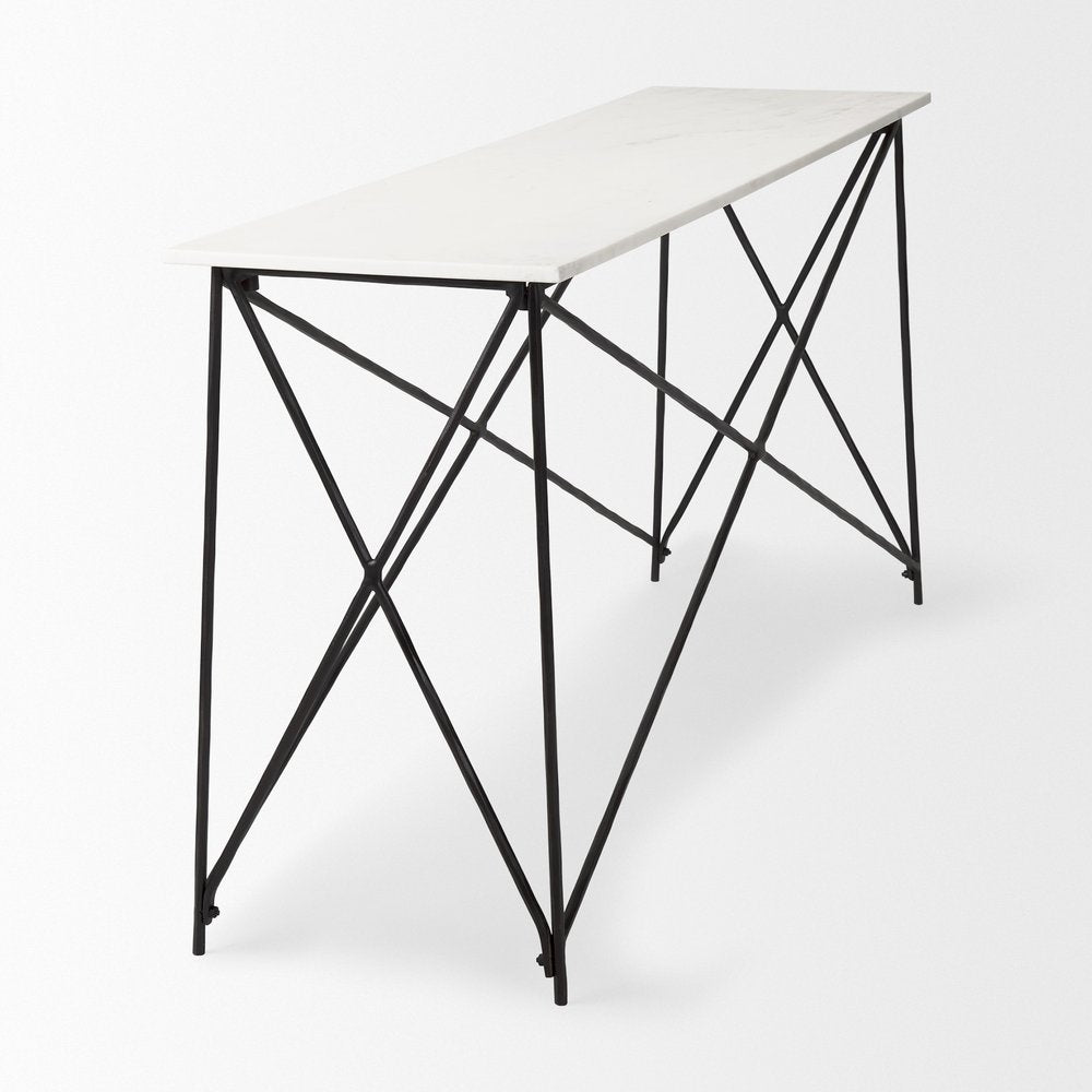 59" White and Black Genuine Marble and Metal Console Table. Console table isolated on a plain white background, showing a black marble surface.