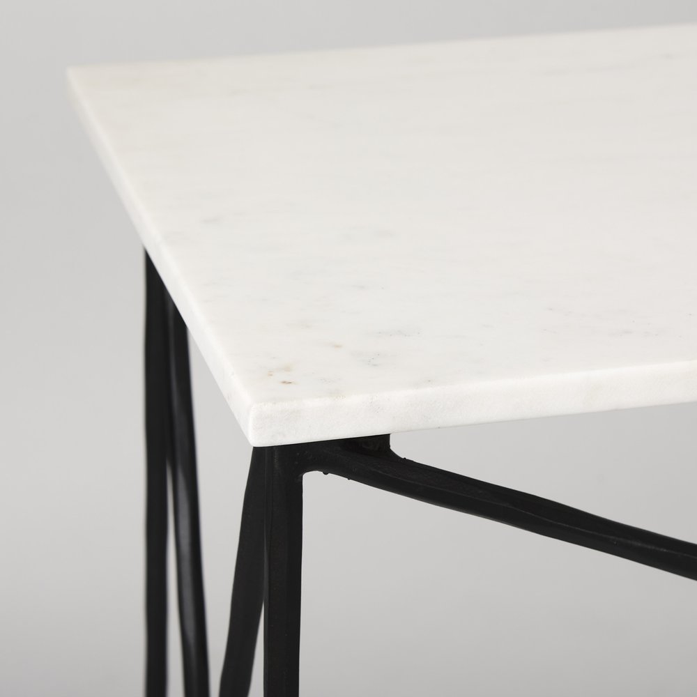 59" White and Black Genuine Marble and Metal Console Table. Console table isolated on a plain white background, in a black marble finish.