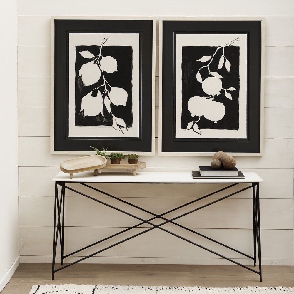 59" White and Black Genuine Marble and Metal Console Table. Console table in white marble.