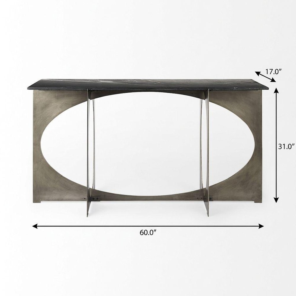 60" Black and Nickel Genuine Marble and Metal Frame Console Table on a white background