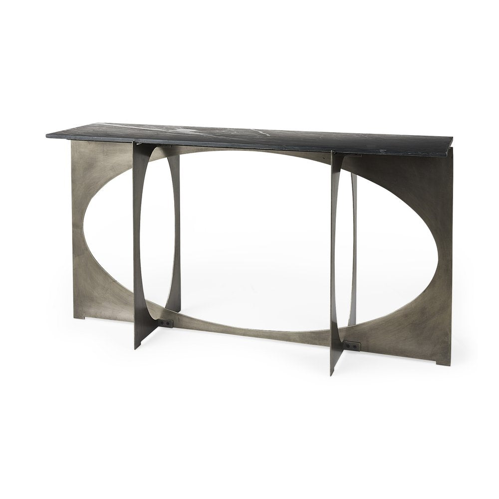 A black marble top console table with a nickel metal frame featuring large oval cutouts on a white background.