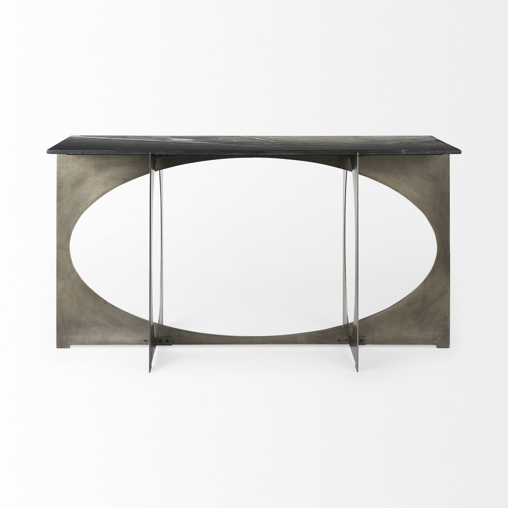60" Black and Nickel Genuine Marble and Metal Frame Console Table on a white background