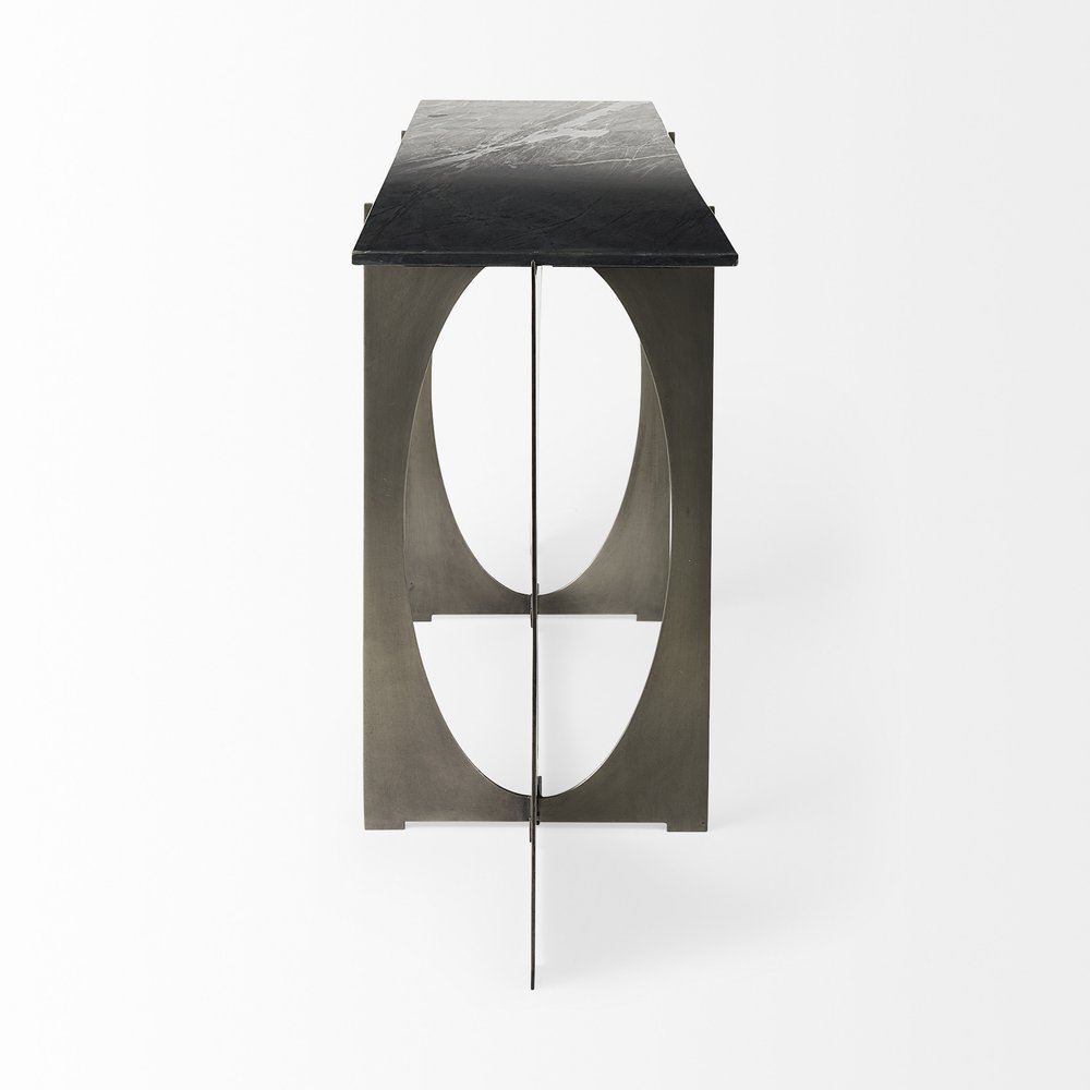 60" Black and Nickel Genuine Marble and Metal Frame Console Table. Console table isolated on a plain white background, finished in silver marble.
