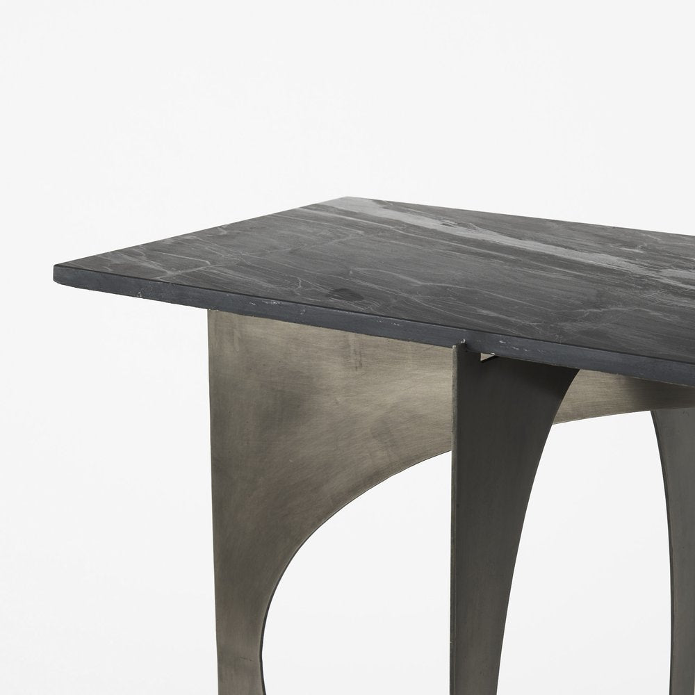 60" Black and Nickel Genuine Marble and Metal Frame Console Table. Console table isolated on a plain white background, showing a silver marble surface.