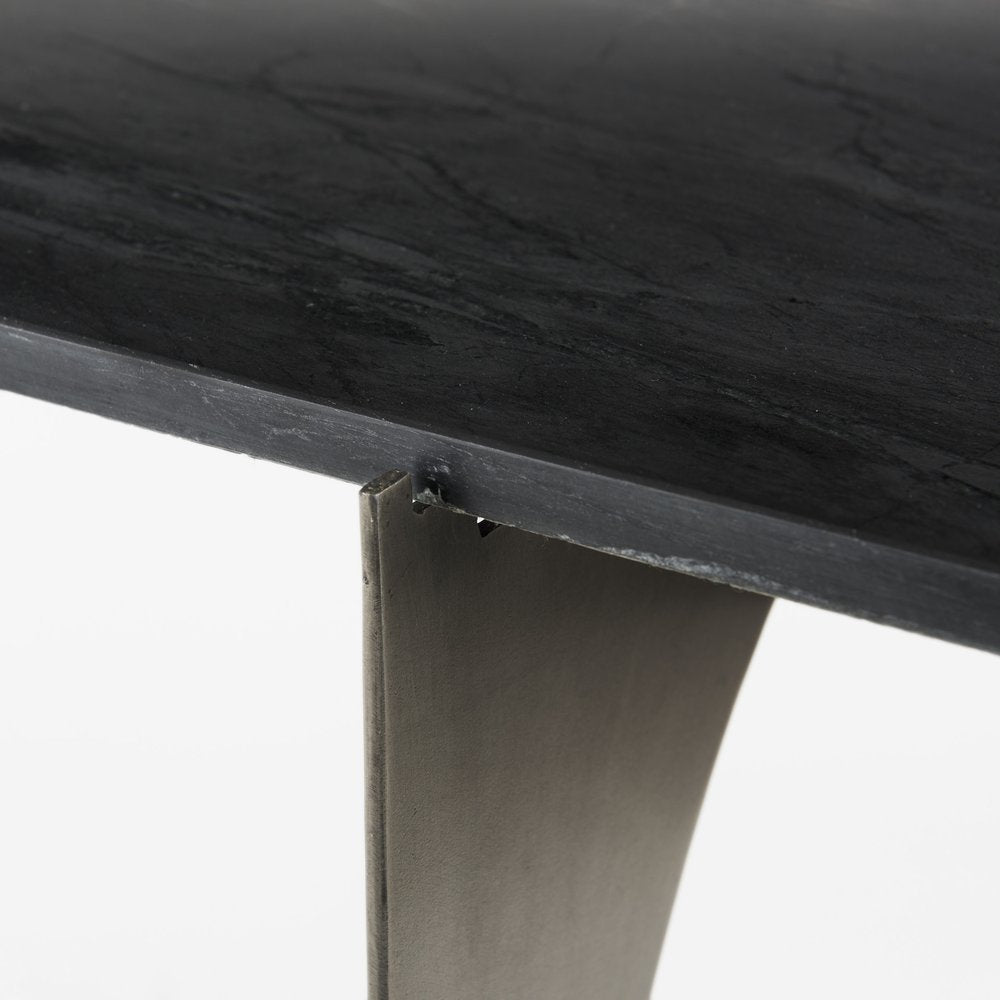 60" Black and Nickel Genuine Marble and Metal Frame Console Table. Console table in silver marble.