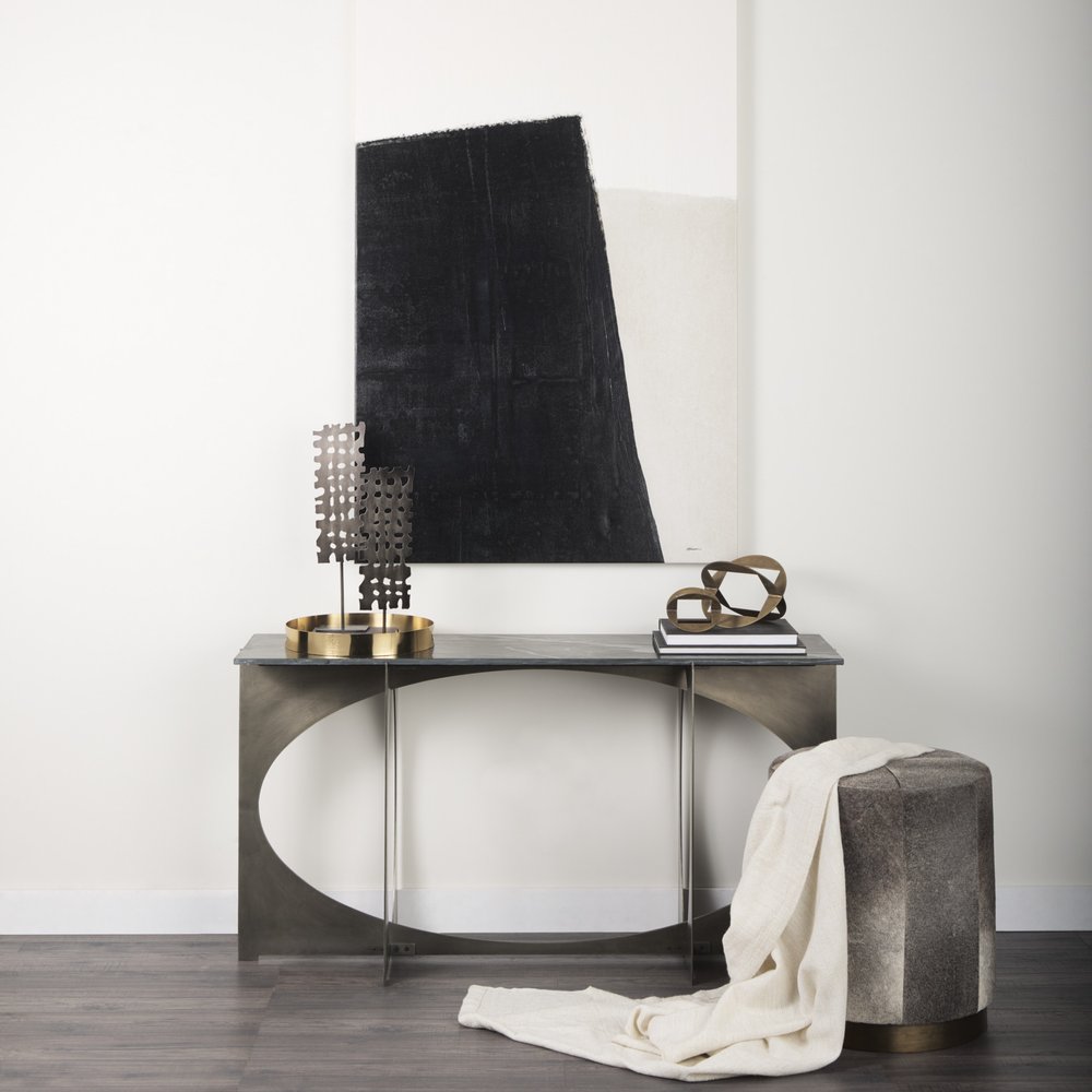 60" Black and Nickel Genuine Marble and Metal Frame Console Table. Console table in silver marble.