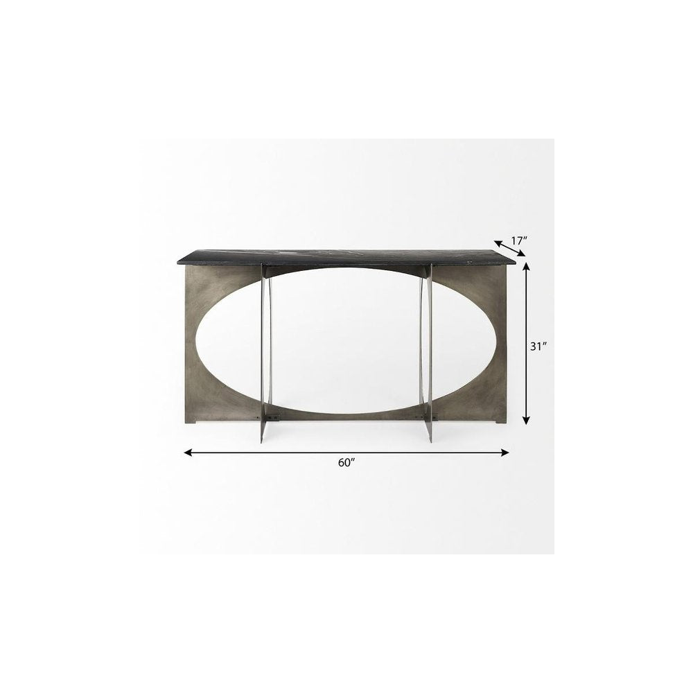 60" Black and Nickel Genuine Marble and Metal Frame Console Table on a white background