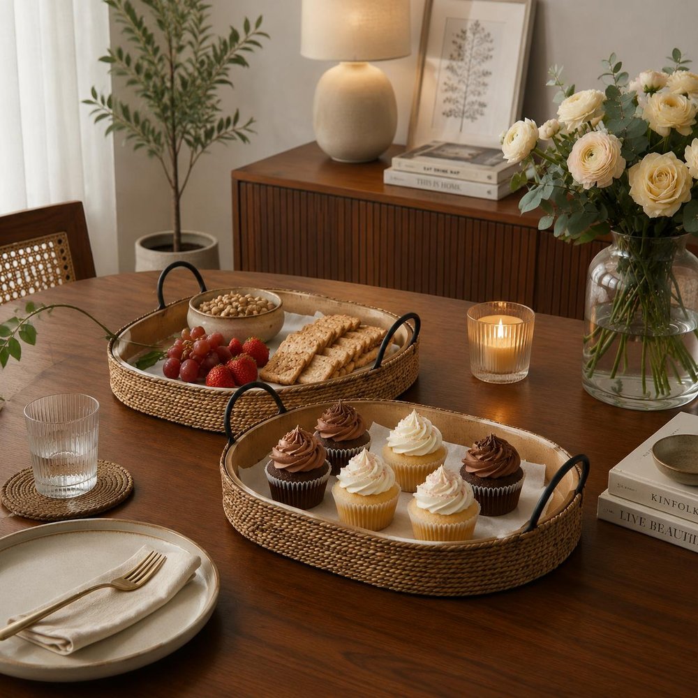 Set of Two Natural and Black Jute Metal And Solid Wood Oval Serving Trays With Handles in a home interior