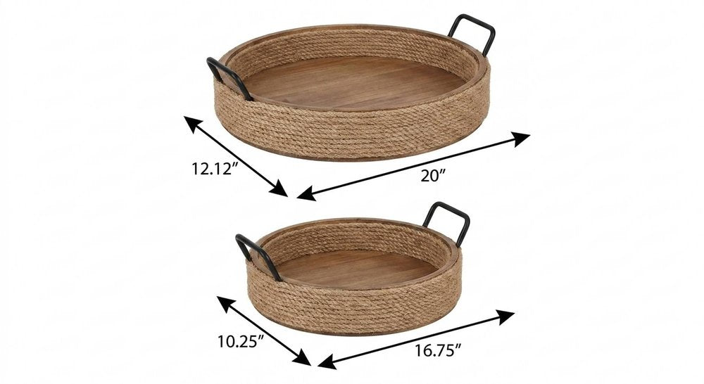 Set of Two Natural and Black Jute Metal And Solid Wood Oval Serving Trays With Handles on a white background