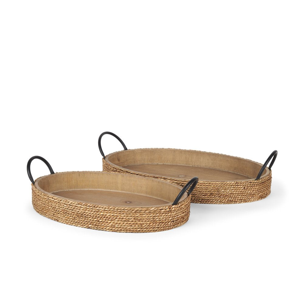 Set of Two Natural and Black Jute Metal And Solid Wood Oval Serving Trays With Handles