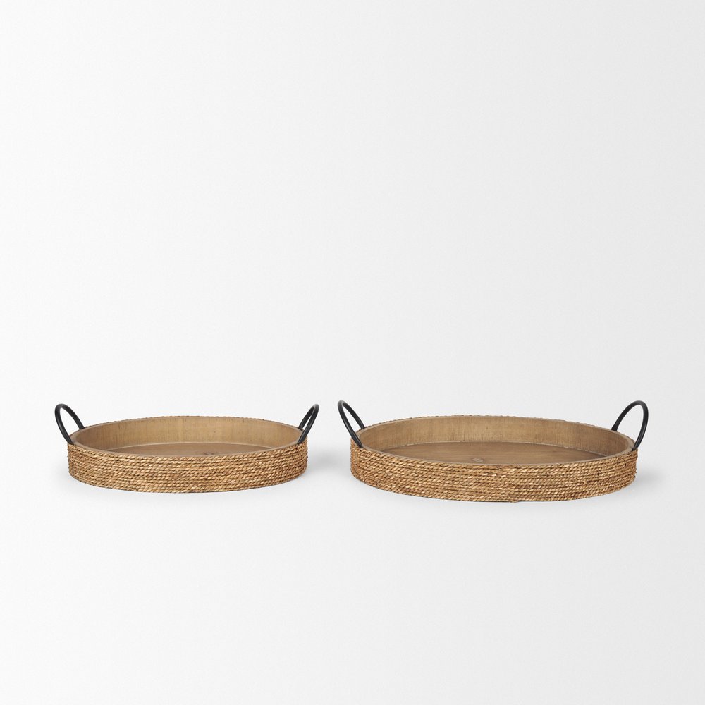 Set of Two Natural and Black Jute Metal And Solid Wood Oval Serving Trays With Handles