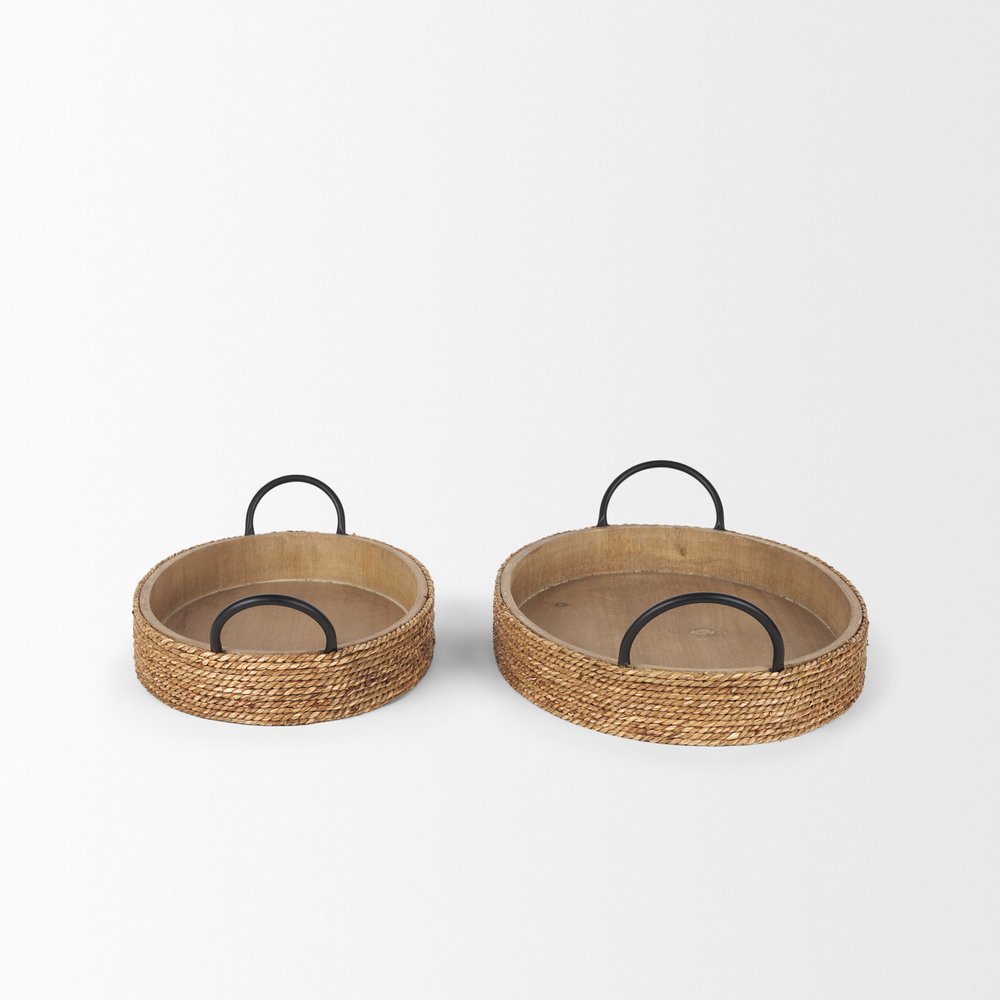 Set of Two Natural and Black Jute Metal And Solid Wood Oval Serving Trays With Handles