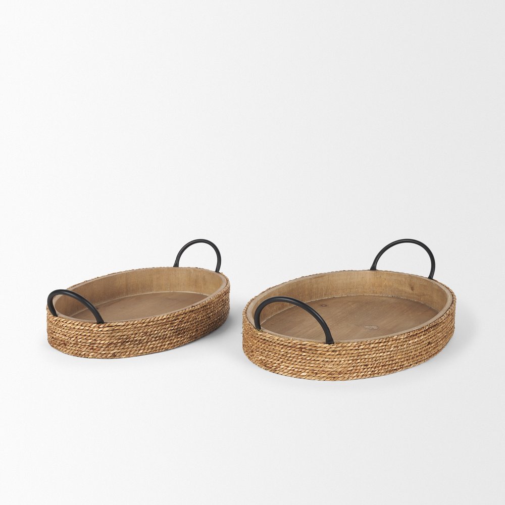 Set of Two Natural and Black Jute Metal And Solid Wood Oval Serving Trays With Handles
