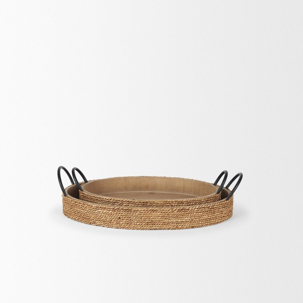 Set of Two Natural and Black Jute Metal And Solid Wood Oval Serving Trays With Handles